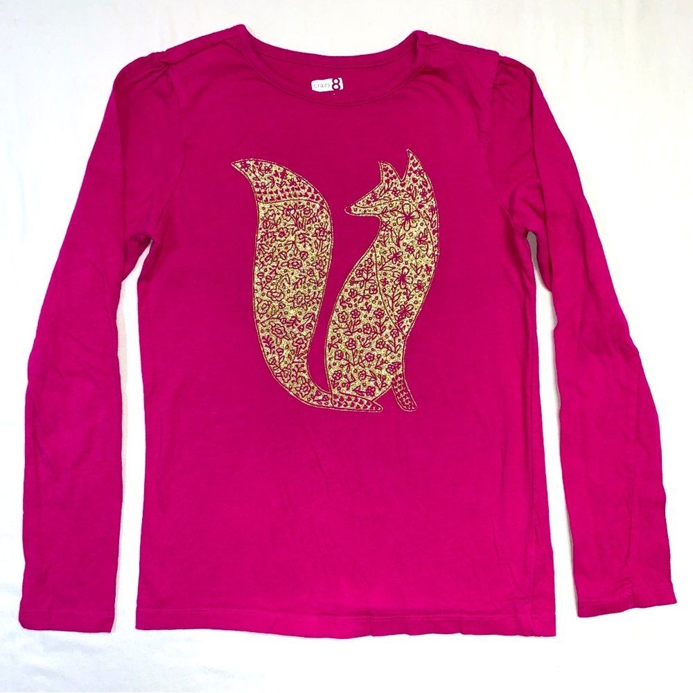Fox Glitter Shirt Girls Large 10-12 Pink Gold Top Blouse Long Sleeve Fall Winter